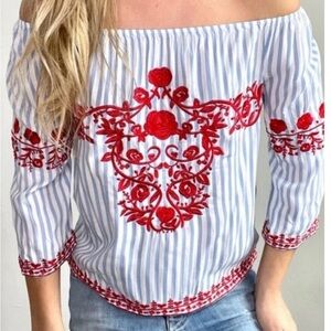 Gianni Bini On Or Off Shoulder Top Womens Peasant Red Embroidered Blouse Large